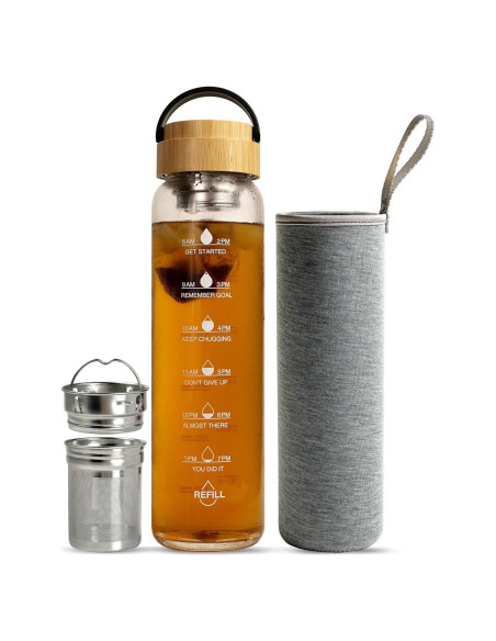 Botella de Agua de Vidrio Xaeiglas 1L con Infusor y Tapa de Bambú