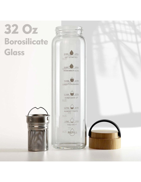 Botella de Agua de Vidrio Xaeiglas 1L con Infusor y Tapa de Bambú