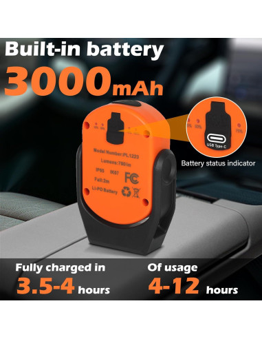 Luz de Trabajo LED KALVATAY 3000mAh 3 Modos 360 Naranja