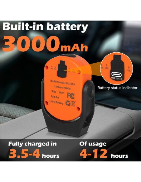 Luz de Trabajo LED KALVATAY 3000mAh 3 Modos 360 Naranja