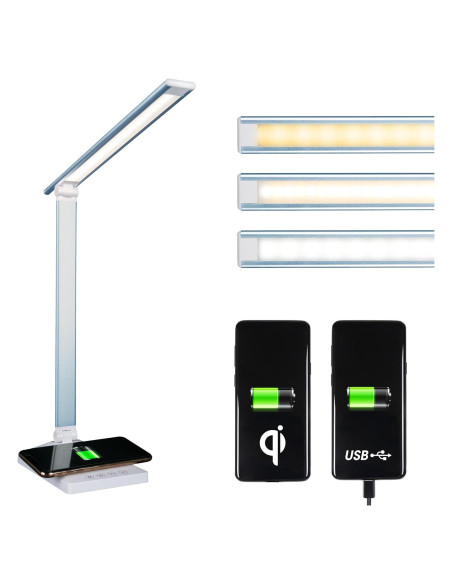 Lámpara de Escritorio LED OttLite CSDQA80W-SHPR con Cargador Inalámbrico y USB, Azul