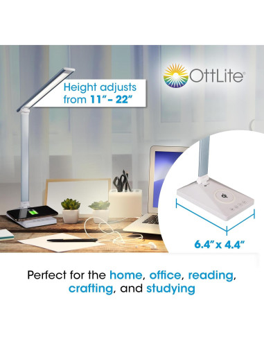 Lámpara de Escritorio LED OttLite CSDQA80W-SHPR con Cargador Inalámbrico y USB, Azul