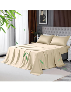 Juego de Sábanas Doble HCORA 100% Viscosa Bambú 400 Hilos Beige 2