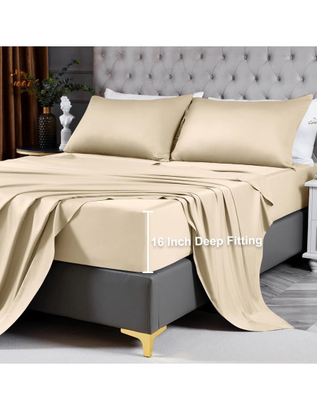 Juego de Sábanas Doble HCORA 100% Viscosa Bambú 400 Hilos Beige