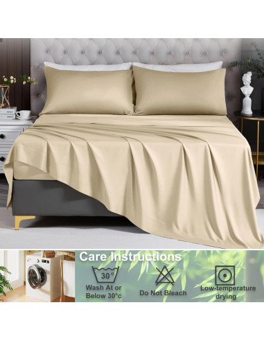 Juego de Sábanas Doble HCORA 100% Viscosa Bambú 400 Hilos Beige