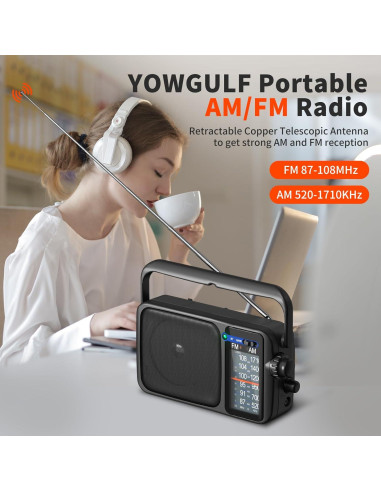 Radio Portátil AM FM YOWGULF con Bluetooth y Antena Telescópica