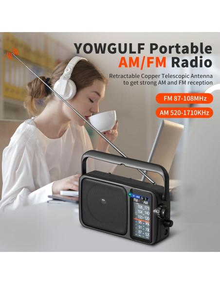 Radio Portátil AM FM YOWGULF con Bluetooth y Antena Telescópica