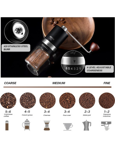 Molinillo de Café Manual VEVOK CHEF Acero Inoxidable 6 Niveles