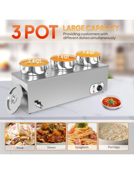 Calentador de Sopa ROVSUN 22QT Eléctrico 1200W 3 Ollas