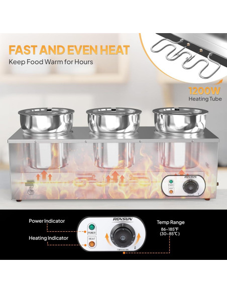Calentador de Sopa ROVSUN 22QT Eléctrico 1200W 3 Ollas