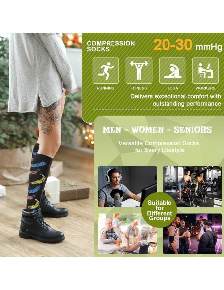 8 Pares de Calcetines de Compresión 20-30 mmHg Unisex hasta la Rodilla