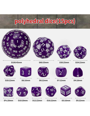 Conjunto de Dados Poliedricos CiaraQ DND 15pcs Acrílico Púrpura y Blanco