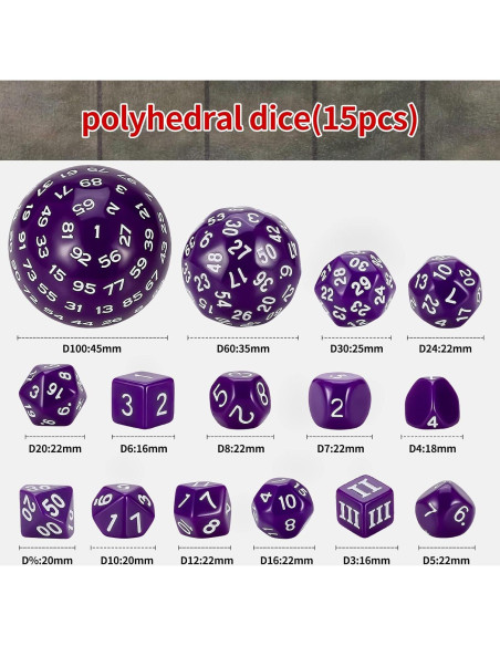 Conjunto de Dados Poliedricos CiaraQ DND 15pcs Acrílico Púrpura y Blanco