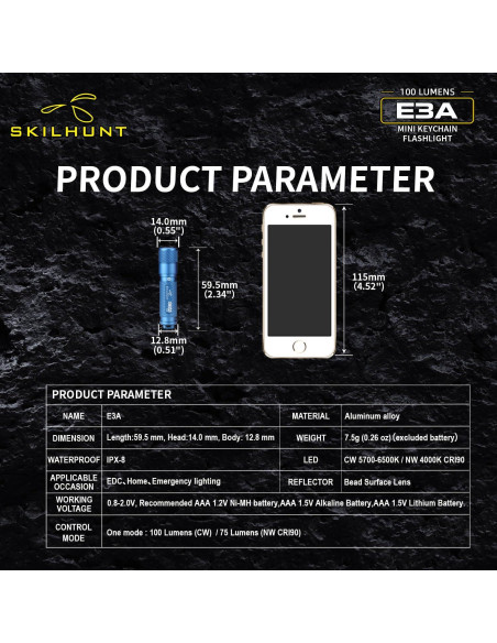 Linterna de Llavero SKILHUNT E3A LED 100 Lúmenes Naranja Linterna de Llavero SKILHUNT E3A LED 100 Lúmenes Naranja