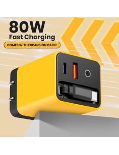 Cargador 3 en 1 GaN 80W con Cable Tipo-C y 2 USB - Amarillo 2