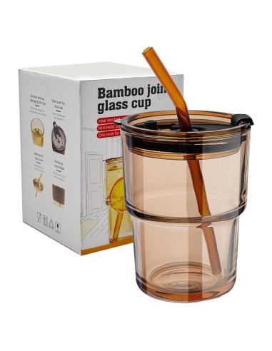 Taza de vidrio 400ml LEKAYIHU con tapa y popote Ámbar