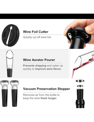 Juego de abridor de vino eléctrico BreezeSound 5 en 1 negro