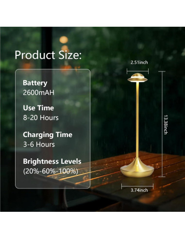 Lámpara de Mesa LED Inalámbrica Baishezhuan Dorada 3 Niveles