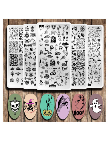 5 Placas de Estampado de Uñas Halloween Mezerdoo 12x6cm