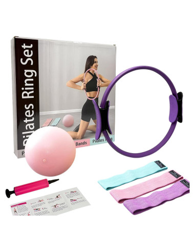 Kit de Pilates GymYard: Anillo 38 cm, Mini Bola 21.6 cm y 3 Bandas
