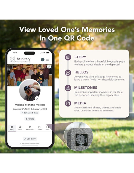 Lápida QR TheirStory 5.08x5.08cm Aluminio Resistente