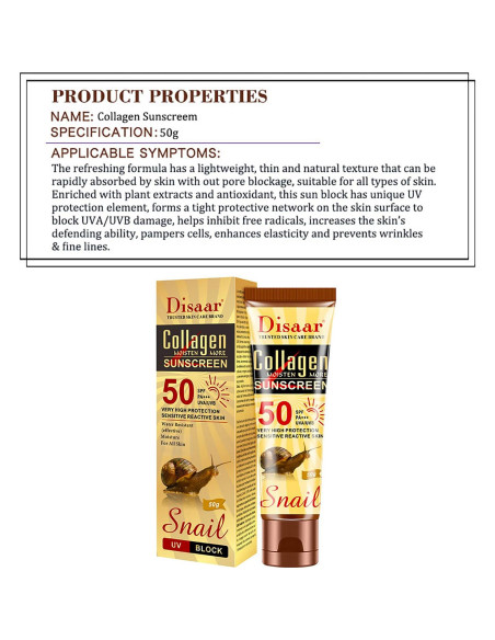 Crema Solar Disaarr Beauty SPF 50 Colágeno Extracto Caracol 50g