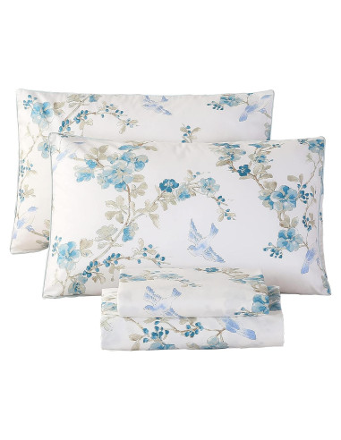 Juego de Sábanas URBONUR 100% Algodón Egipcio Completo Floral Azul