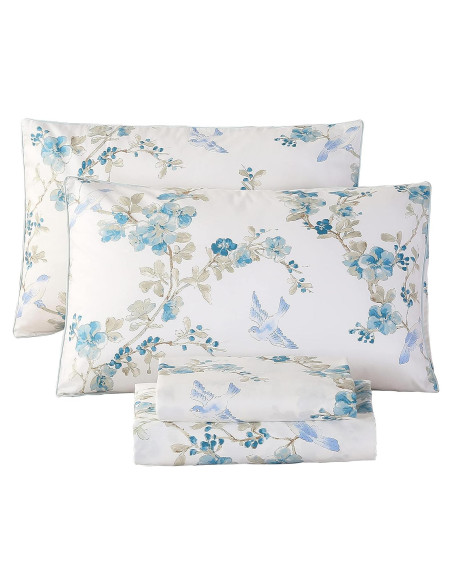 Juego de Sábanas URBONUR 100% Algodón Egipcio Completo Floral Azul