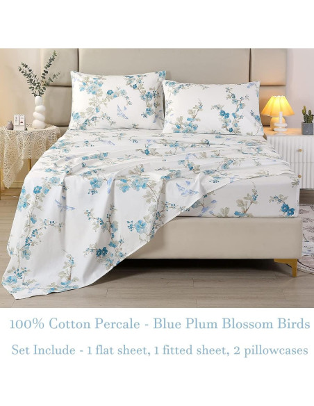 Juego de Sábanas URBONUR 100% Algodón Egipcio Completo Floral Azul