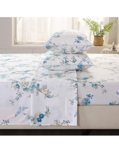 Juego de Sábanas URBONUR 100% Algodón Egipcio Completo Floral Azul