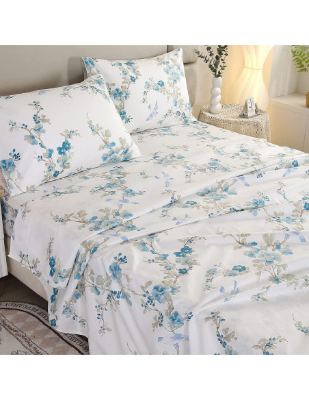 Juego de Sábanas URBONUR 100% Algodón Egipcio Completo Floral Azul