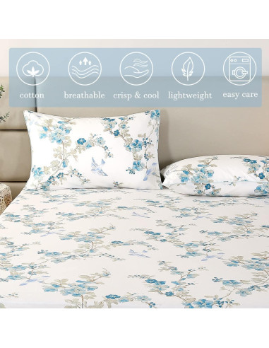 Juego de Sábanas URBONUR 100% Algodón Egipcio Completo Floral Azul