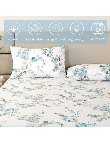 Juego de Sábanas URBONUR 100% Algodón Egipcio Completo Floral Azul