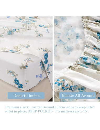 Juego de Sábanas URBONUR 100% Algodón Egipcio Completo Floral Azul