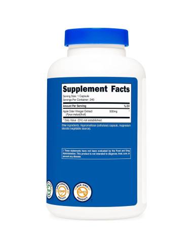 Cápsulas de Vinagre de Sidra de Manzana Nutricost 500mg - 240 Unidades
