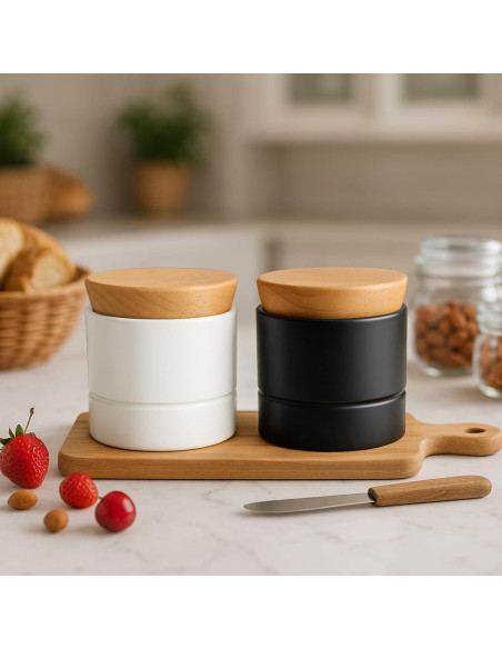 Crock de Mantequilla Samseel con Tapa de Madera 125g Negro Mate