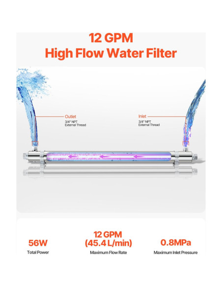 Purificador de Agua UV VEVOR 55W 12 GPM Acero Inoxidable