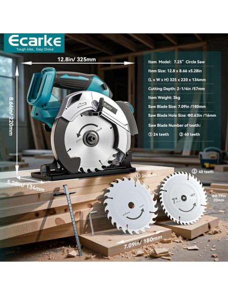 Sierra Circular Inalámbrica Ecarke 7-1/4" 18V 5000RPM con Guía Láser