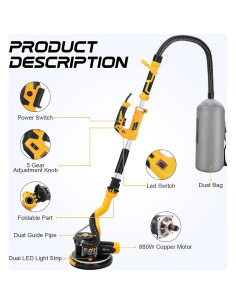 Lijadora de Drywall Gyfent 880W 7.3A 5 Velocidades LED 2