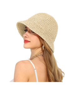 Sombrero de sol de paja para mujer UPF 50+ plegable beige