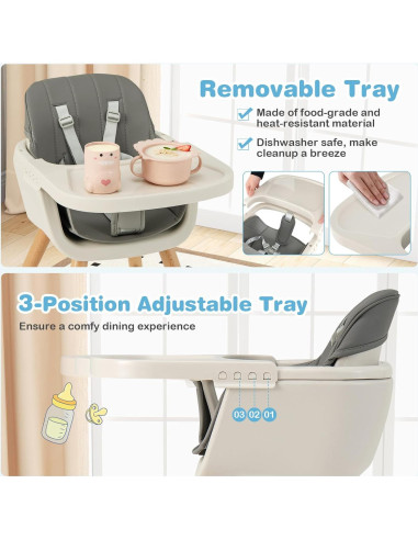 Silla Alta para Bebés HONEY JOY 6-en-1 Madera Gris Oscuro