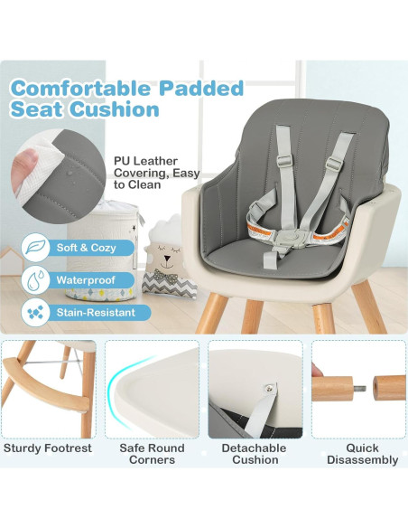 Silla Alta para Bebés HONEY JOY 6-en-1 Madera Gris Oscuro