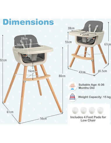 Silla Alta para Bebés HONEY JOY 6-en-1 Madera Gris Oscuro