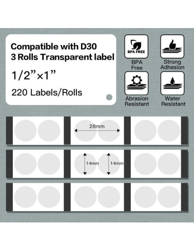 Etiquetas Adhesivas Phomemo D30, Transparentes 14mm x 28mm, 220/Rollo, 3 Rollos