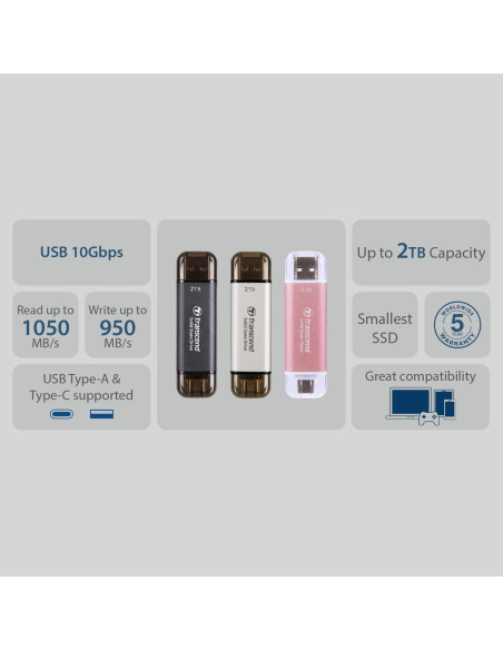 SSD Externo Transcend 512GB USB 3.2 Doble Tipo C y A
