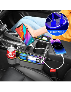 Organizador de espacio entre asientos de coche Keketuohai con cargador rápido USB-C y luces LED 2