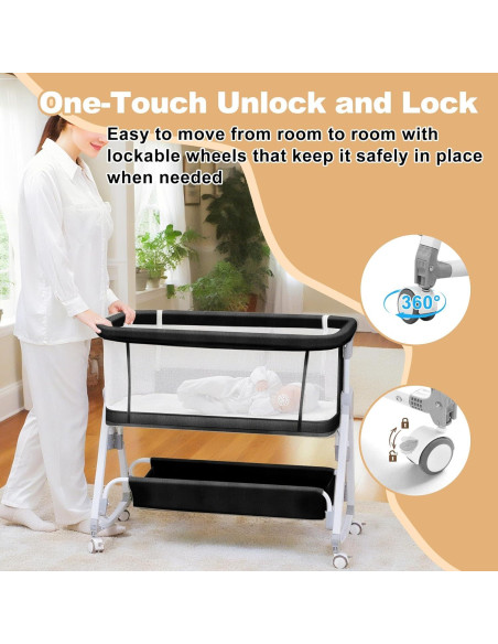 Cuna Lateral 3 en 1 MEICHYUN Negra Ajustable 6 Niveles