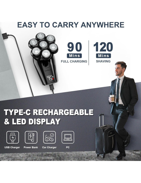 Afeitadora eléctrica Hexus para hombres calvos IPX7 5 en 1