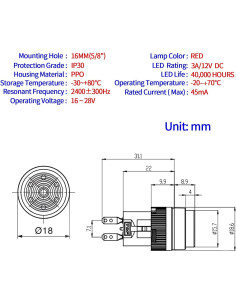 Buzzer 16MM Rojo 12V CC LED ZJWZJH 2Pcs Alarma Panel 2