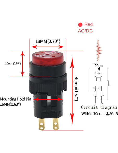 Buzzer 16MM Rojo 12V CC LED ZJWZJH 2Pcs Alarma Panel